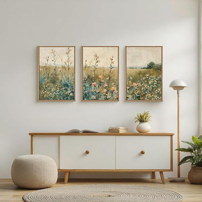 HLNIUC Vintage Watercolor Wildflower Landscape 3 Piece Wall Art Framed, Large Retro Floral Wall Decor(24x36), Nature Wilderness Farmhouse Rustic Field Canvas Painting for Living Room, Bedroom, Office