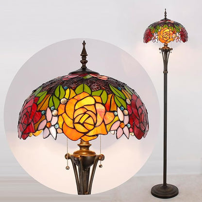 Tiffany Floor Lamp Red Yellow Rose Stained Glass Standing Reading Light 16X16X70 Inches Antique Pole Corner Lamp Decor Bedroom Office Living Room