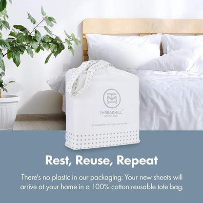 Threadmill 100% Cotton Sheets for Queen Size Bed - 600 Thread Count Queen Bed Sheets Set with 16” Deep Pocket - Damask Stripe Sateen Weave 4-Piece Bedding Set with Cooling Effect, Ivory