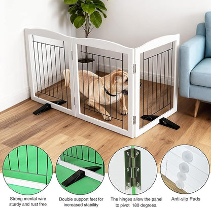 ZJSF Freestanding Dog Fence Indoor, Foldable Dog Gate for Doorways, Stairs or Hallways, Sturdy Wood Extra Wide Pet Gate with Support Feet for The House, White, 24 "Height-3 Panels