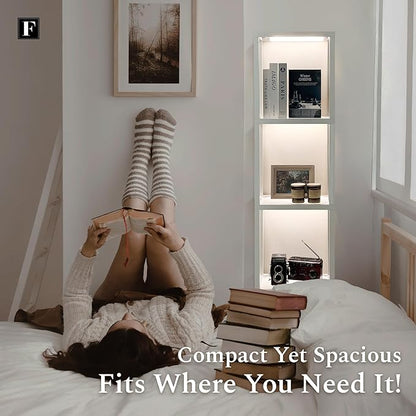 FENLO LED Display Shelf Unit – Dimmable Lighted Furniture for Bedroom, Living Room, or Office – Glass Curio Cabinet Shelf Lamp with App + Remote Control + Adjustable Lighting