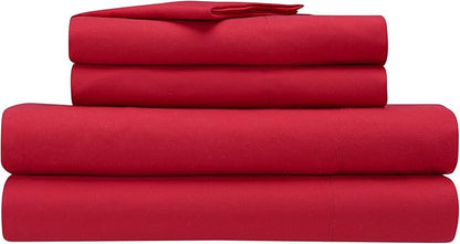 Serta Simply Clean Super Soft Hypoallergenic Stain Resistant Deep Pocket 4 Pieces Solid Bed Sheet Set, Full, Red