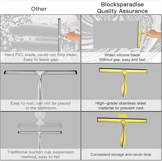 peafowl 12 inch Shower Squeegee Stainless Steel Bath Squeegee for Shower Glass Doors Bathroom Windows Kitchen Mirror and Car Glass with Hooks Holder (12 inch, Gold)