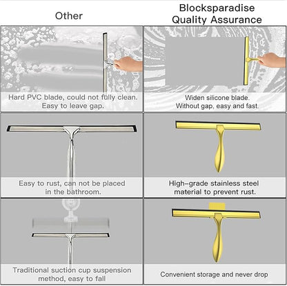 peafowl 12 inch Shower Squeegee Stainless Steel Bath Squeegee for Shower Glass Doors Bathroom Windows Kitchen Mirror and Car Glass with Hooks Holder (12 inch, Gold)