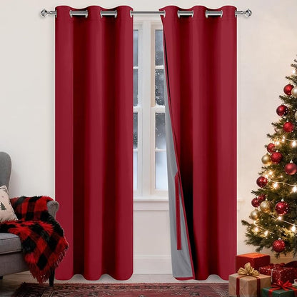 XWZO 100% Blackout Window Curtains - Thermal Insulated & Noise Reduction Black Liner Window Treatment Sewn with Tiebacks for Bedroom/Living Room, Christmas Red, W38 x L84, Set of 2 Panels