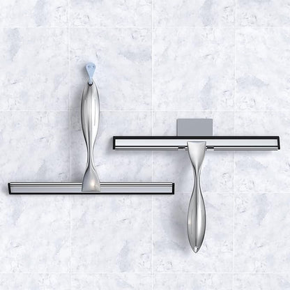Shower Squeegee for Glass Door 12-Inch Stainless Steel Bathroom Squeegee Window Wiper, Includes Shower Door Hook, Adhesive Hook, and Spare Silicone Blade for Window Mirror Car All-Purpose Squeegee