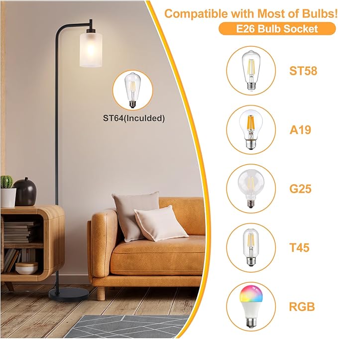 DLLT Floor Lamp Tall for Room: Black Standing Lamp with Frosted Glass Lampshade for Living Room - Modern Bright Lamp for Bedroom - Industrial Corner Floor Lamps for Office 8W Led Bulb Included