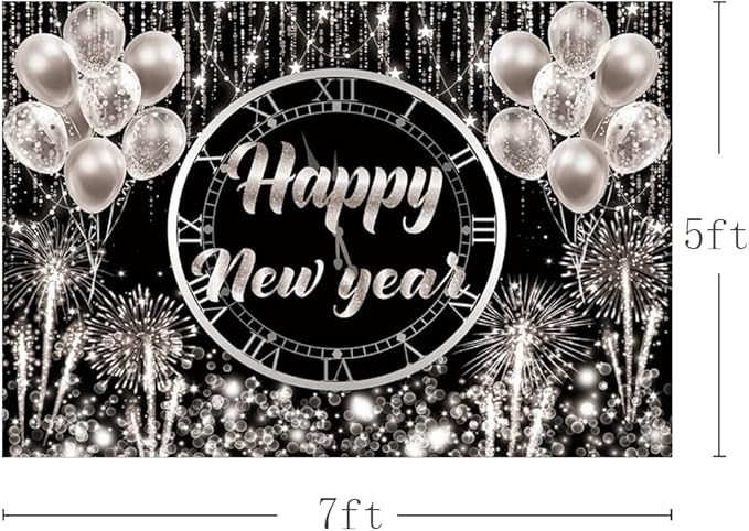 MEHOFOND Happy New Year Backdrop Hello 2026 NYE Cheers Party Decorations Sliver Black Photography Background Kiss Me at Midnight New Year's Eve Festival Party Supplies Photobooth Banner 7x5ft