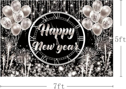 MEHOFOND Happy New Year Backdrop Hello 2026 NYE Cheers Party Decorations Sliver Black Photography Background Kiss Me at Midnight New Year's Eve Festival Party Supplies Photobooth Banner 7x5ft