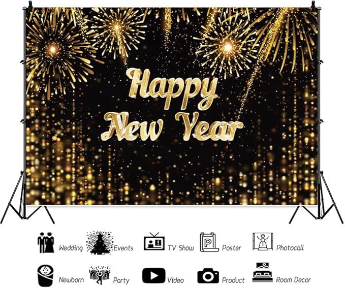 Leowefowa 15x10ft Happy New Year Backdrop Black and Gold 2025 New Year Party Background for Party Gold Firework Glitter Light Spots Festival Eve Party Banner Decor Photography Supplies Prop