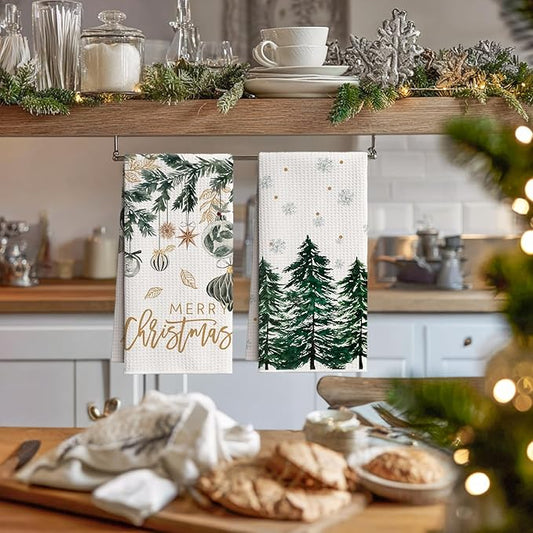 Artoid Mode Green Xmas Tree Leaves Pinecone Christmas Kitchen Towels, 18x26 Inch Quick Dry Microfiber Cloth Dish Towels for Kitchen Drying Set of 4