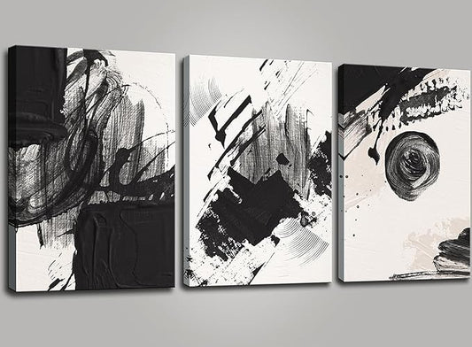 Black and White Abstract Canvas Wall Art Set,Geometric Painting Stroke Spiral Rings Shapes Illustrations Print Art Decorative Nordic Calm/Zen for Living Room, Bedroom, Office Decor 16x24x3pcs