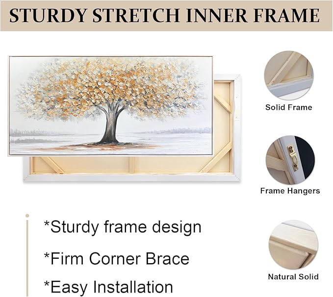 White Tree of Life Canvas Wall Art, Modern Abstract Textured Painting, Large Framed Panoramic Landscape Artwork for Living Room, Bedroom, Office, Home Decor 48"x24"