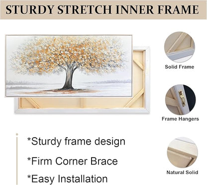 White Tree of Life Canvas Wall Art, Modern Abstract Textured Painting, Large Framed Panoramic Landscape Artwork for Living Room, Bedroom, Office, Home Decor 60"x30"