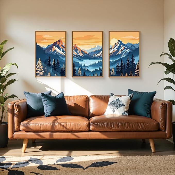 HLNIUC Boho Abstract Blue Orange Mountain Wall Art Framed, Large Pine Tree Ridge Wall Decor set of 3 (24"x36"), Sunset Forest Landscape Canvas Painting, Nature Prints for Living Room, Bedroom, Office