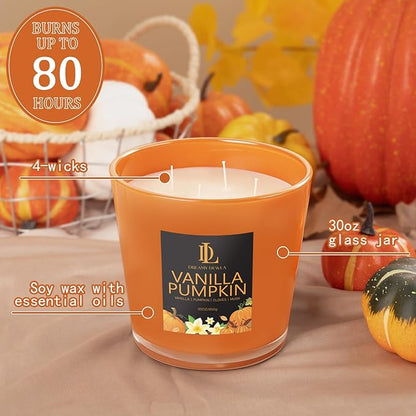 Large Candle Vanilla Pumpkin Scented, 4 Wick Natural Soy Candles for Home Scented, 30oz Big Candle Long Lasting, Home Aromatherapy Candles Housewarming Valentine's Day Gift for Women Men
