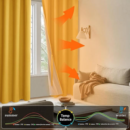 XWZO 100% Blackout Window Curtains - Thermal Insulated & Noise Reduction Black Liner Ring Top Window Treatment Sewn with Tiebacks for Bedroom/Living Room, Yellow, W52 x L63, Set of 2