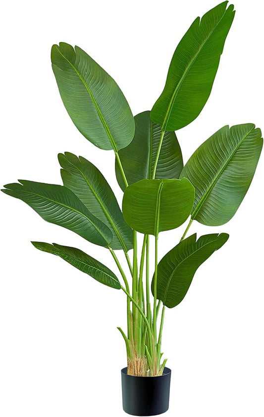 Birds of Paradise Plant Artificial, 5FT Fake Plants Faux Banana Leaf Tree with 10 Banana Leaves, Lifelike Tall Fake Tropical Palm Indoor Silk Floor Plant in Black Pot for House,Office,Room,Home Decor