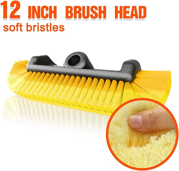 12FT Car Wash Brush with Long Handle, Car Cleaning Brush with 12 Inch Soft Bristle, Solar Panels Cleaner with Telescoping Pole for RV, Truck, Boat, House Siding