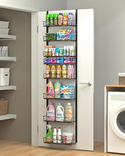Over The Door Pantry Organizer, 8-Tier Wood & Metal Over The Door Organizer with Adjustable Basket, Hanging Spice Rack, Door Organization and Storage for Kitchen Pantry Door Cabinet, Black