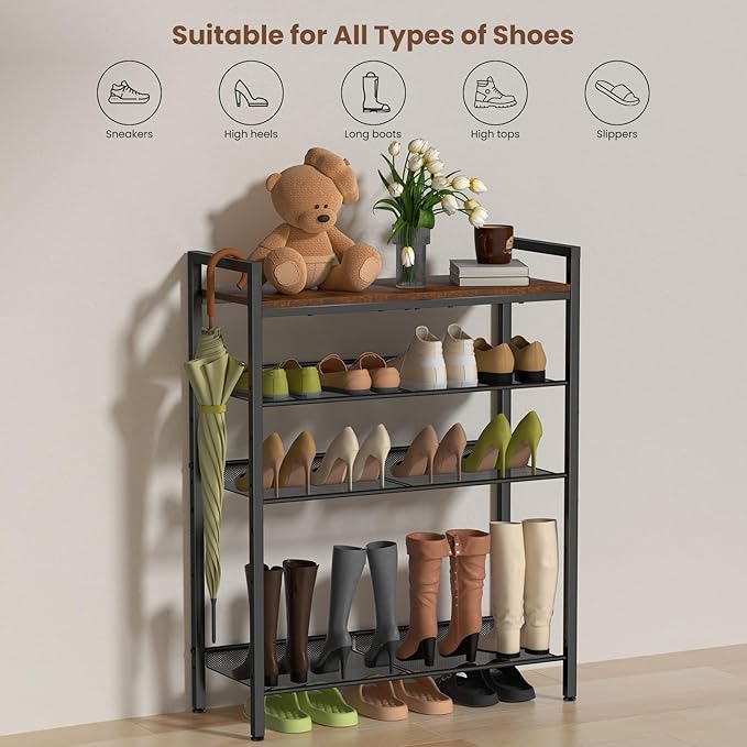 5 Tier Shoe Rack for Front Door Entrance, Shoe Rack for Entryway, Metal Shoe Organizer Heavy Duty with Wooden Top & Adjustable Mesh Shelves, Shoe Storage for Closet Bedroom Bathroom Dorm Garage