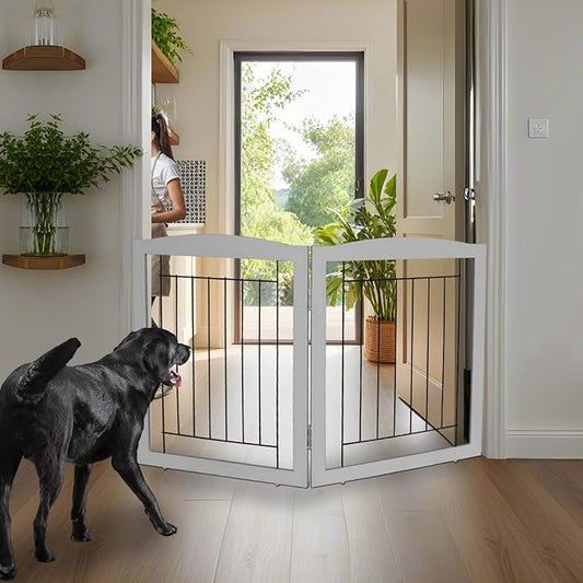 ZJSF Freestanding Foldable Dog Gate for House Extra Wide Wooden Indoor Puppy Gate Stairs Doorways Pet Gate Tall Dog Fence 2 Panels Fence Grey