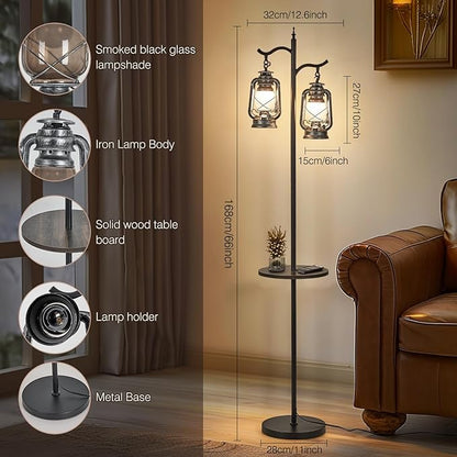 Farmhouse Floor lamp with Table, Double Head Vintage Floor Lantern, Standing lamp for Living Room，Bedroom, Rustic Floor Lamp with Silver Finish