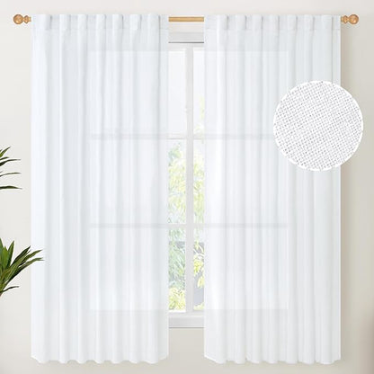 YoungsTex White Linen Curtains 63 Inch Length 60 Inch Wide, Semi Sheer Light Filtering Window Drapes Extra Wide with Back Tab Rod Pocket for Living Room Bedroom Rustic Country, 2 Panels
