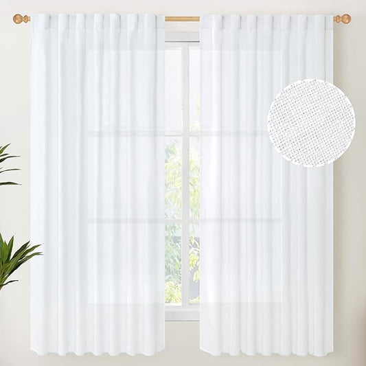 YoungsTex White Linen Curtains 63 Inch Length 60 Inch Wide, Semi Sheer Light Filtering Window Drapes Extra Wide with Back Tab Rod Pocket for Living Room Bedroom Rustic Country, 2 Panels