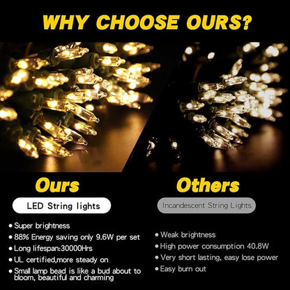 40FT Warm White Christmas String Lights, 120V 60Hz, 0.02A, 2.4W Indoor/Outdoor Holiday Decorative Lights, Perfect for Christmas Trees, Parties, and Home Décor