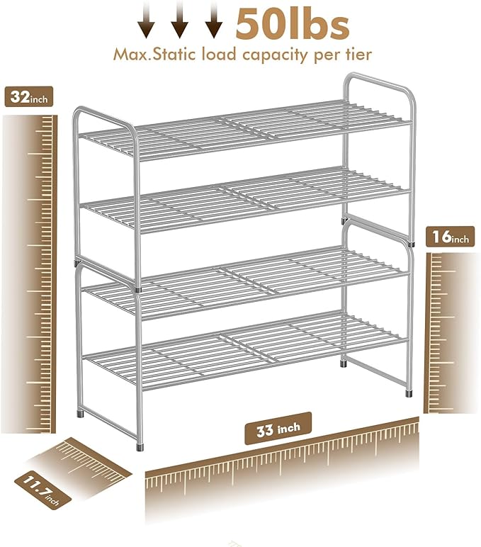 SUFAUY 2-Tier 33" Wide Shoe Rack, Closet Metal Shoe Rack Organizer Heavy Duty, Stackable, Gray