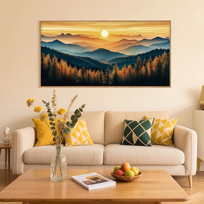 Large Abstract Sunrise Mountain Framed Canvas Wall Art,Boho Nature Forest Wall Decor,Foggy Pine Tree Wall Painting,Retro Landscape Artwork for Living Room,Bedroom,Dining Room,Office - 20"x40"x1
