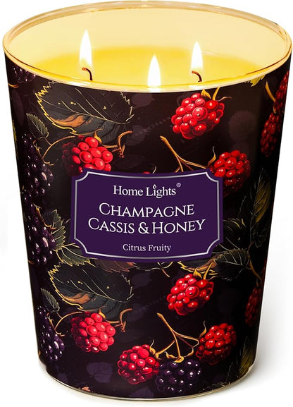 HomeLights Scented Candles | Large Jar 34 Oz Natural Soy Candle | 130 hrs Long-Lasting with 3 Wicks | Eclectic Mixed Styles Home Decor | Gifts for Mom & Women, Champagne Cassis & Honey