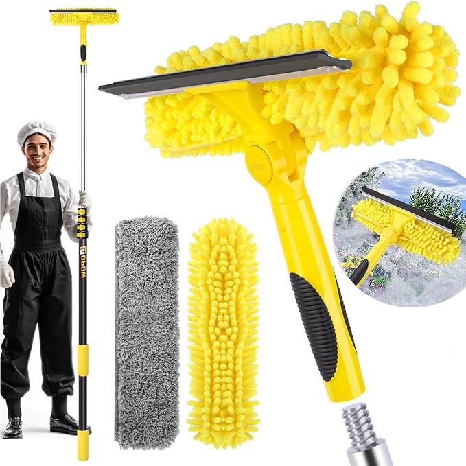 Professional Window Squeegee with Telescoping Extension Pole, 2 in 1 Shower Cleaning with Telescopic Pole, 360'' Extension Washing Tool with Rotating Head for Indoor/Outdoor High Window Glass