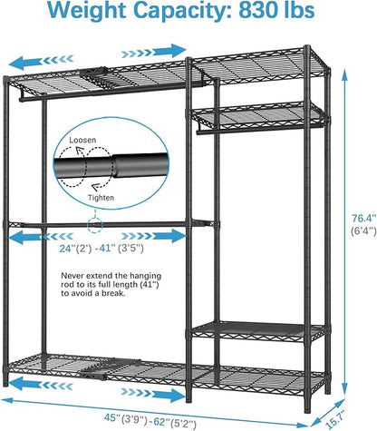 VIPEK X20 Plus Expandable Reach-in Closet Rack Adjustable from 3'9" to 5'2" Clothing Rack with Extendable Shelves and Hanger Rods Portable Clothes Racks Open Walk-in Closet System, Black