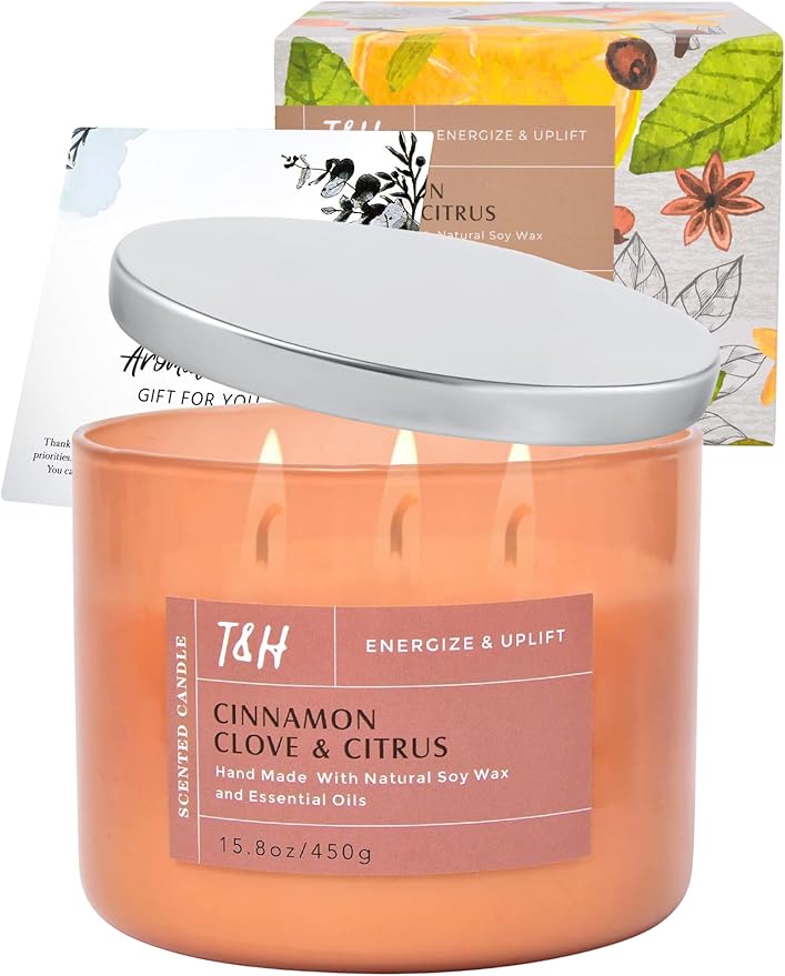 Cinnamon Clove Citrus 3 Wick Soy Candle Large 15.8oz | Spiced Orange Scented Candles for Home | Clean Burn Long Lasting Candle | Warm Cozy Aromatherapy Candle | Housewarming Birthday Gift