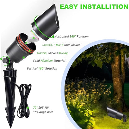 RGB+CCT Color Changing Ourdoor Landscape Lighting,12V Low Voltage Landscape Lights Remote Control with MR16 Light Bulbs 5W 2700K,Warm&Cold Uplights,IP65 Waterproof Uplights (1 Pack)