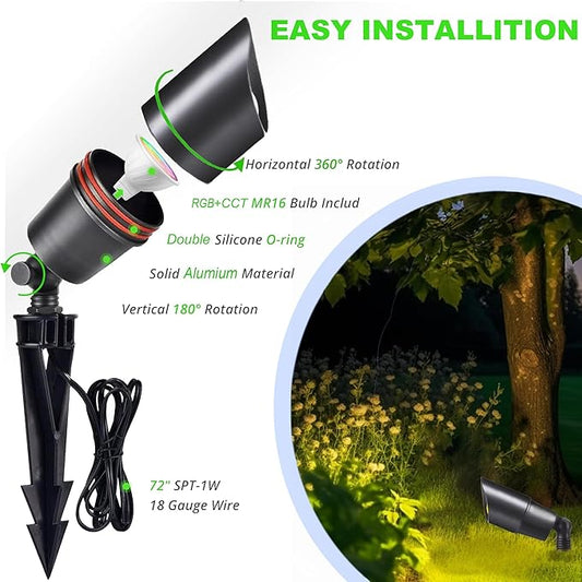 RGB+CCT Color Changing Ourdoor Landscape Lighting,12V Low Voltage Landscape Lights Remote Control with MR16 Light Bulbs 5W 2700K,Warm&Cold Uplights,IP65 Waterproof Uplights (1 Pack)