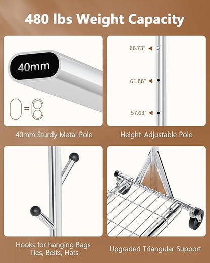 Hoctieon 1-Minute Assembly Clothes Rack, 480 lbs Heavy Duty Rolling Clothing Racks with Wheels, Foldable Garment Rack, Extendable Hanging Bar, Adjustable Metal Pole with Hooks, Chrome
