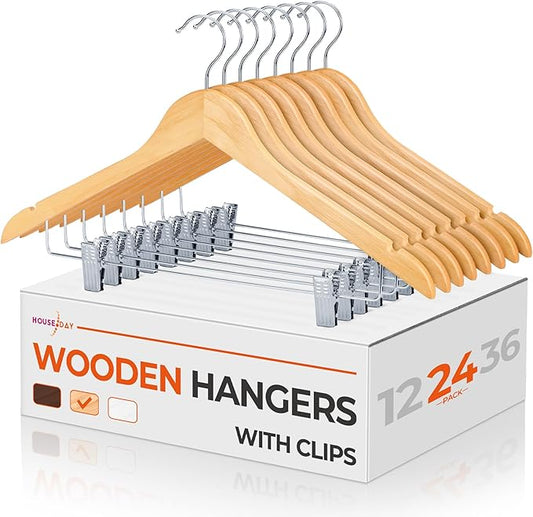HOUSE DAY Wooden Hangers with Clips 24 Pack,Wooden Suit Hangers Skirt Hangers Solid Wood Pants Hangers Natural Smooth Finish Wood Hangers with Durable Metal Clips for Blouse, Dress, Coat, Jacket