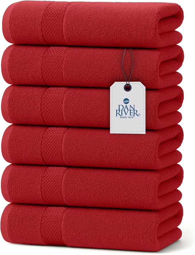 DAN RIVER 6-Pack Premium Hand Towels (16x28 Inches) - 100% Cotton, Ultra Soft, Lightweight, Highly Absorbent Towels for Bathroom, Spa, Gym, Salon, Hotel, and Travel - 550 GSM – Red