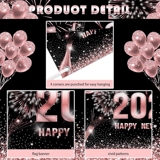 MEHOFOND 7x5ft Rose Gold 2026 Happy New Year Backdrop Cheers to 2026 New Year Eve Glitter Photography Background Hello 2026 Party Champagne Balloon Fireworks Decor Banner Cake Smash Photo Props