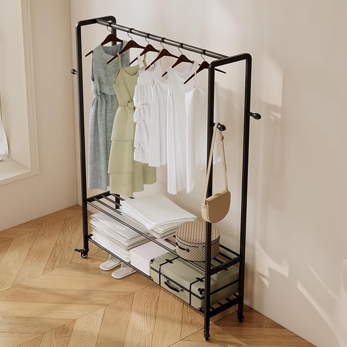 Rolling Clothes Rack, 47.2" Wide Metal Garment Rack,Heavy Duty Clothing Rack for Hanging Clothes with Wheels & bottom Shelves for Coats, Shirts, Dress