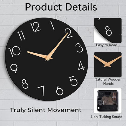 Wall Clock, 16 Inch Wooden Battery Operated Wall Clocks Silent Non-Ticking, Decorative Black Clock for Living Room, Bedroom, Kitchen, Home, Office, School, Hotel