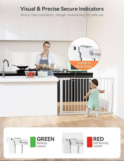 COMOMY 30" Tall Baby Gate for Stairs Doorways, Fits Openings 29.5" to 46" Wide, Auto Close Extra Wide Dog Gate for House, Pressure Mounted Easy Walk Through Pet Gate with Door, White