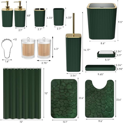 Bathroom Accessory Set - 25PC Green Bathroom Sets, Bathroom Set with Shower Curtain and Rugs, Dark Green Shower Curtain Set, Trash Can, Qtip Holder Dispenser & Soap Dispenser