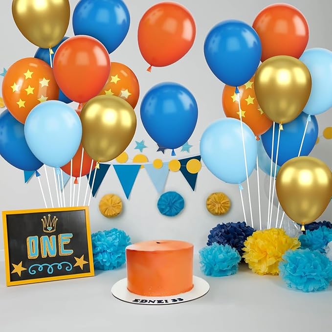 Blue and Orange Balloons, 12 Inches 50 Pcs Blue Metallic Gold Orange Latex Balloon, Cartoon Party Balloon for Kids Video Game Birthday Baby Shower Party Decor