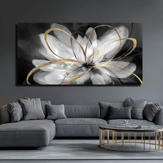 SOUGUAN Flower Large Artwork Gold Wall Decor White Canvas Paintings for Living Room Bedroom Kitchen Office 30"x 60"