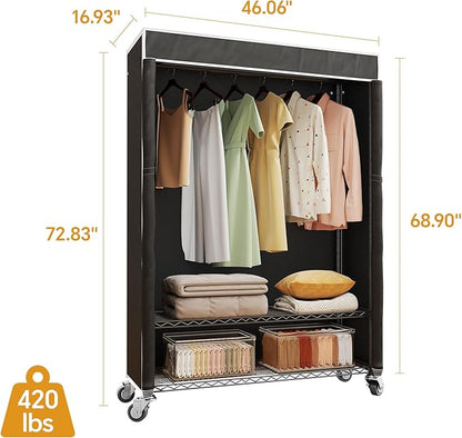 H4 Plus Rolling Garment Rack with Cover, Heavy Duty Clothes Rack with Wheels, Portable Closet for Hanging Clothes, Wardrobe Closets Organizer Storage, Black Closet Rack with Black Fabric Cover