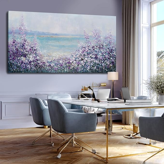 GAIDUOMAI Large Landscape Wall Art for Living Room Purple Flowers Pictures Wall Decor Blue Coastal Canvas Prints Modern Artwork for Bedroom Dining Room 29x58 Inch